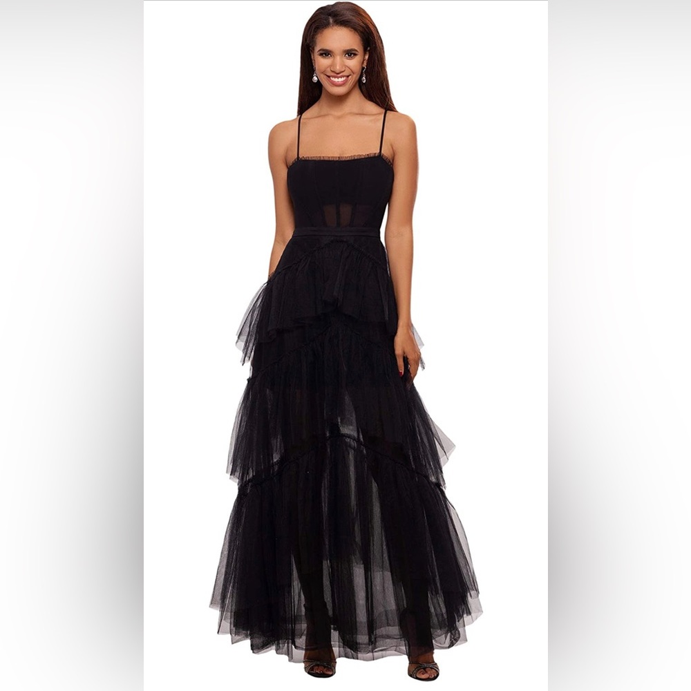 Betsy & Adam Long Corset Tiered Mesh Illusion Gown